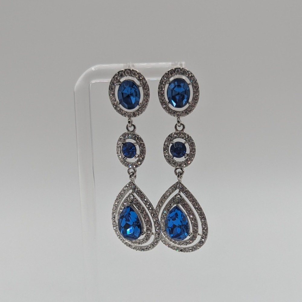 Royal Blue Crystal Teardrop Chandelier Earrings Silver Tone Formal Drop Dangle